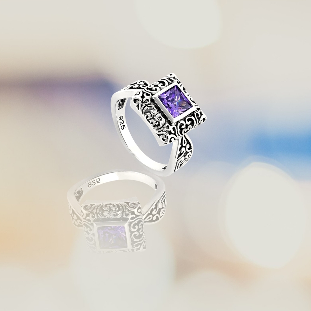 Sterling Silver New Purple Amethyst Square Princess Cut Filigree Ring, 6 & 8